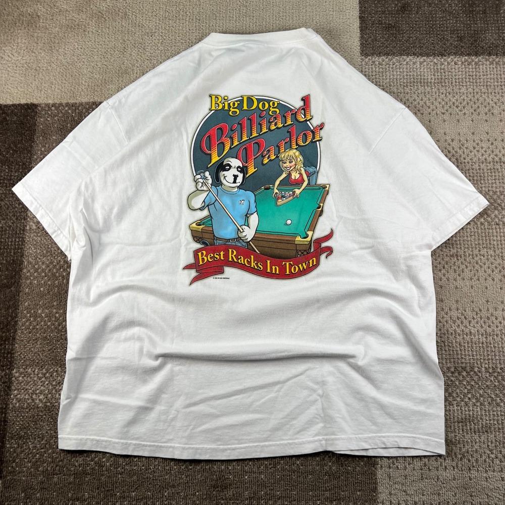 Vintage 2002 Big Dogs Billiard Parlor Pin Up Girl T-Shirt Mens XL White